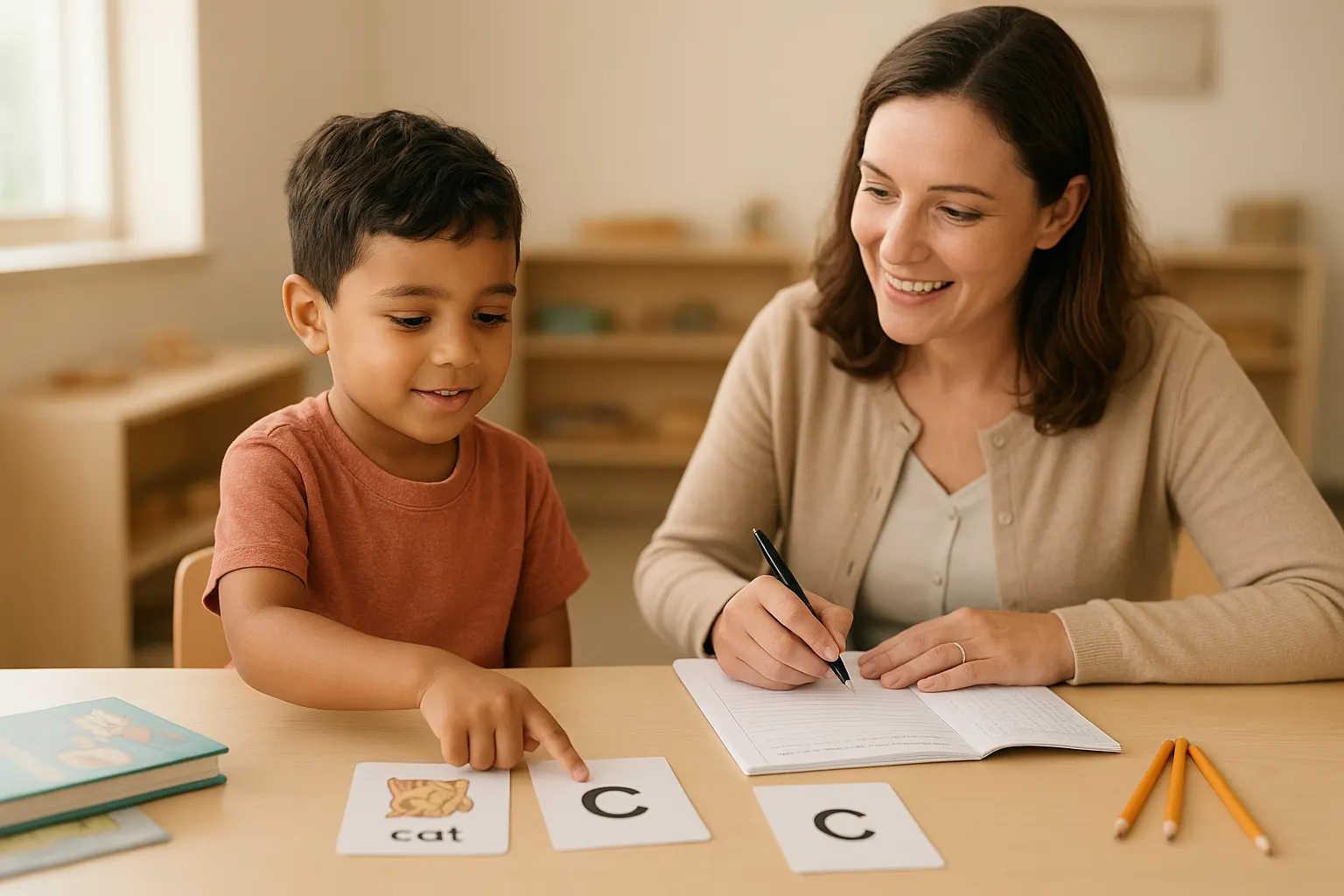 Teacher and child matching letter cards at a classroom table