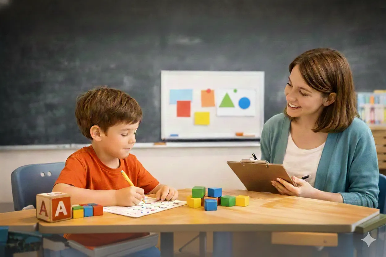 Teacher smiling while a child completes a one-on-one school entry assessment